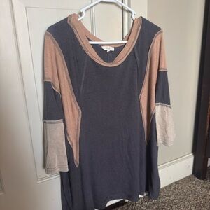 Easel Women's Long Sleeve Colorblock Top - Dark Gray, Tan, Cream